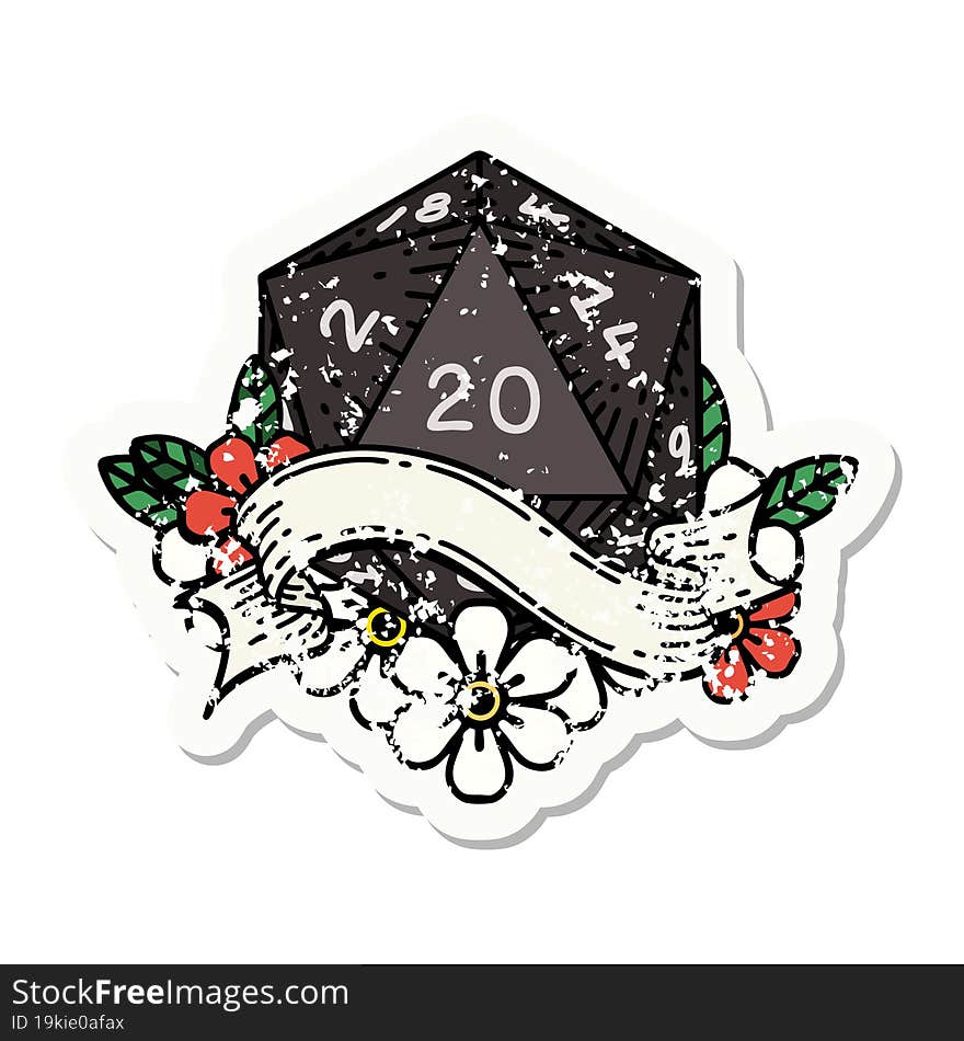 natural twenty D20 dice roll grunge sticker