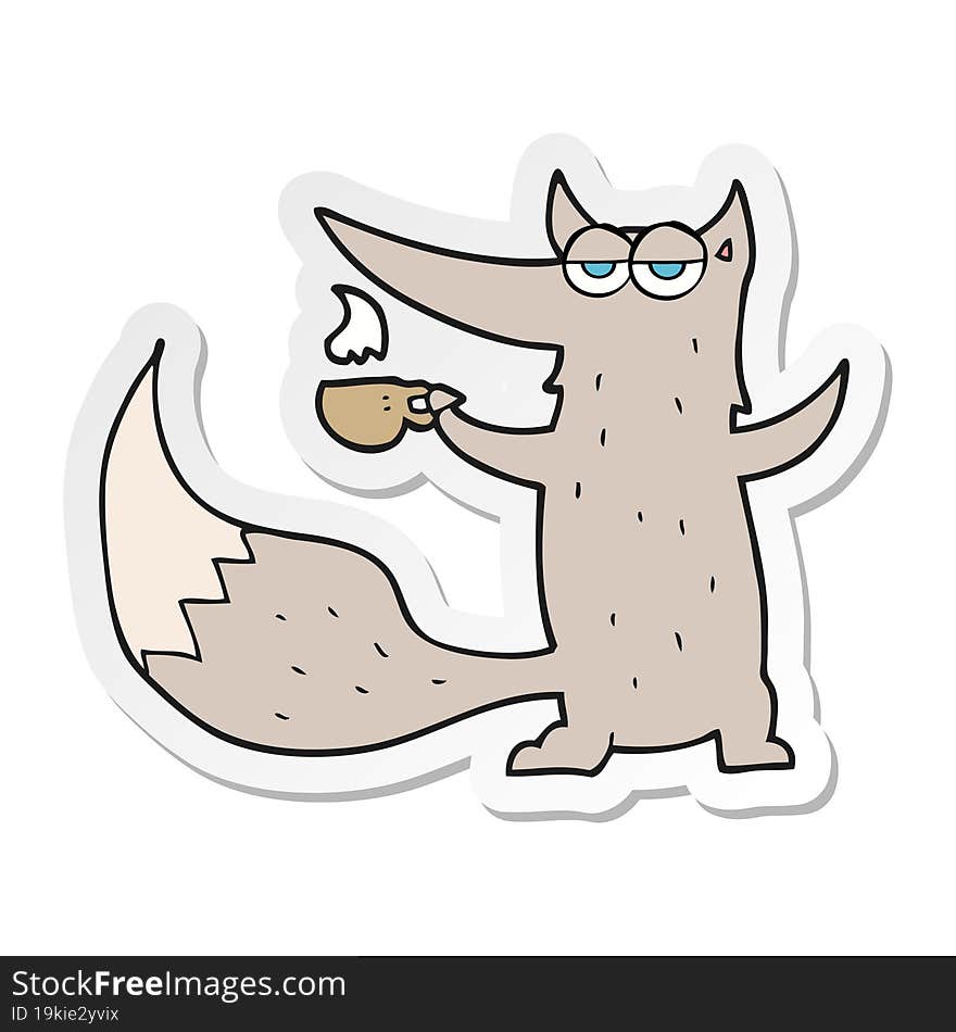 Sticker Of A Cartoon Wolf With Coffee Cup