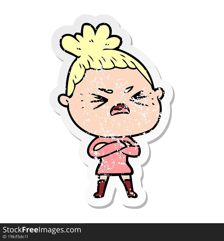 distressed sticker of a cartoon angry woman