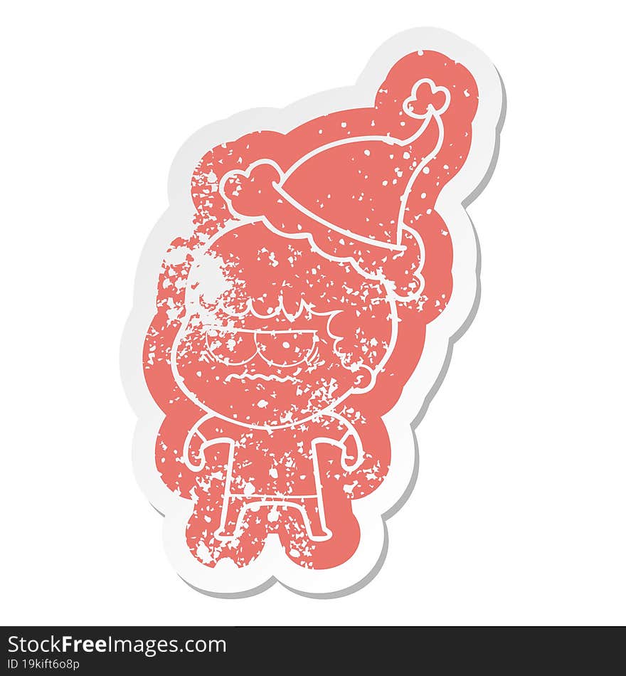 Cartoon Distressed Sticker Of A Annoyed Man Wearing Santa Hat