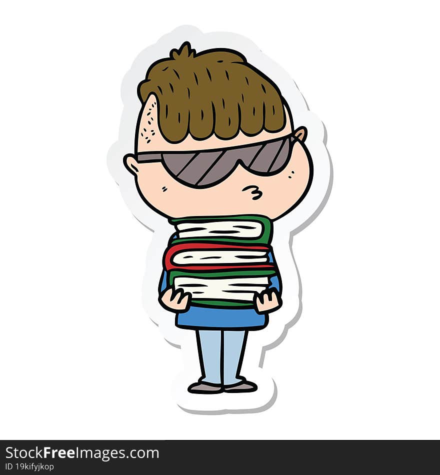 sticker of a cartoon boy wearing sunglasses with stack of books