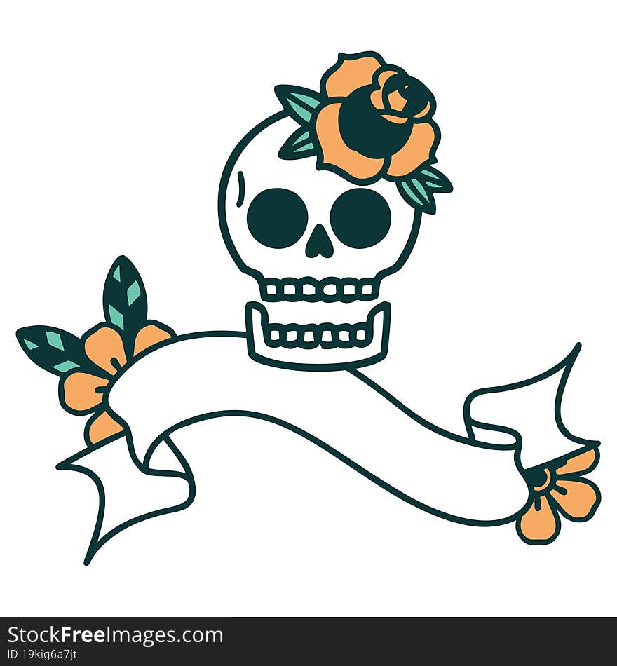 Tattoo With Banner Of A Skull And Rose