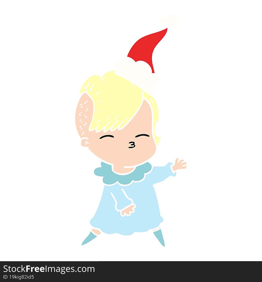 Flat Color Illustration Of A Squinting Girl Wearing Santa Hat