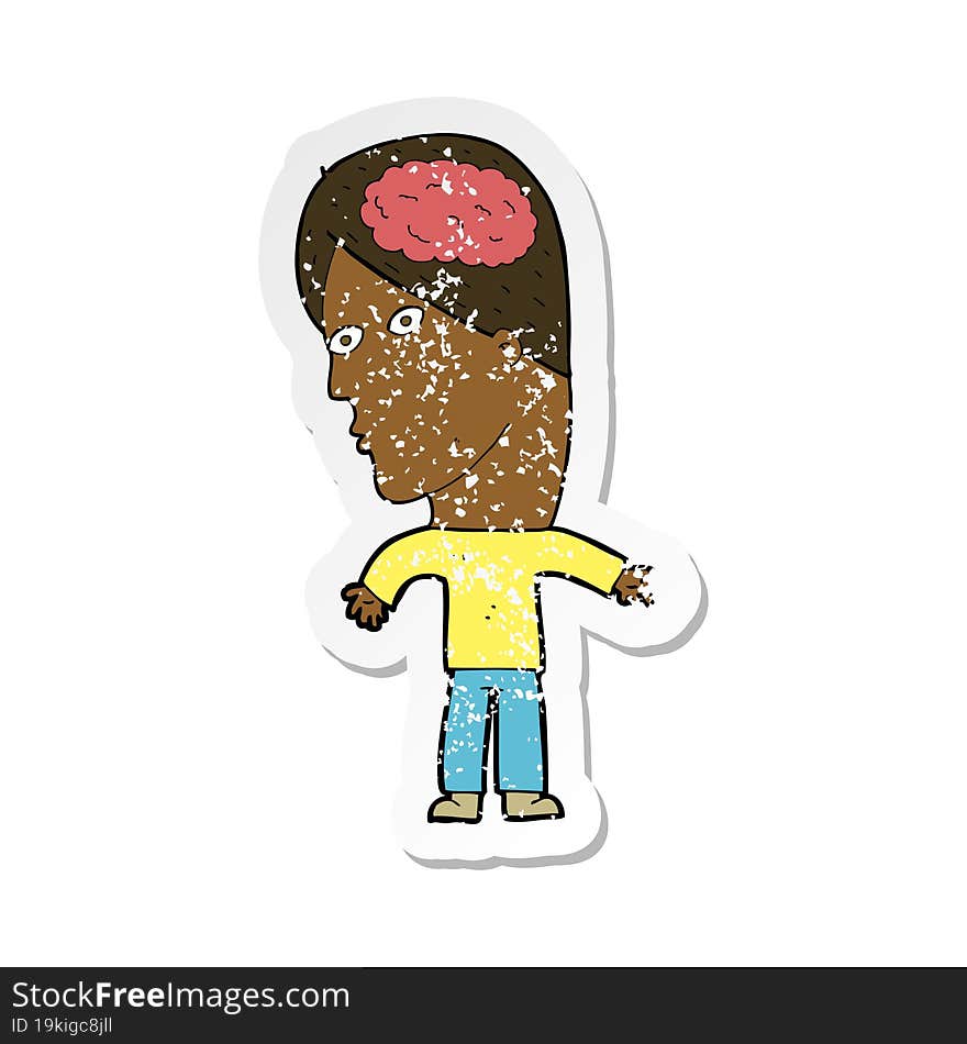 retro distressed sticker of a cartoon man with brain symbol