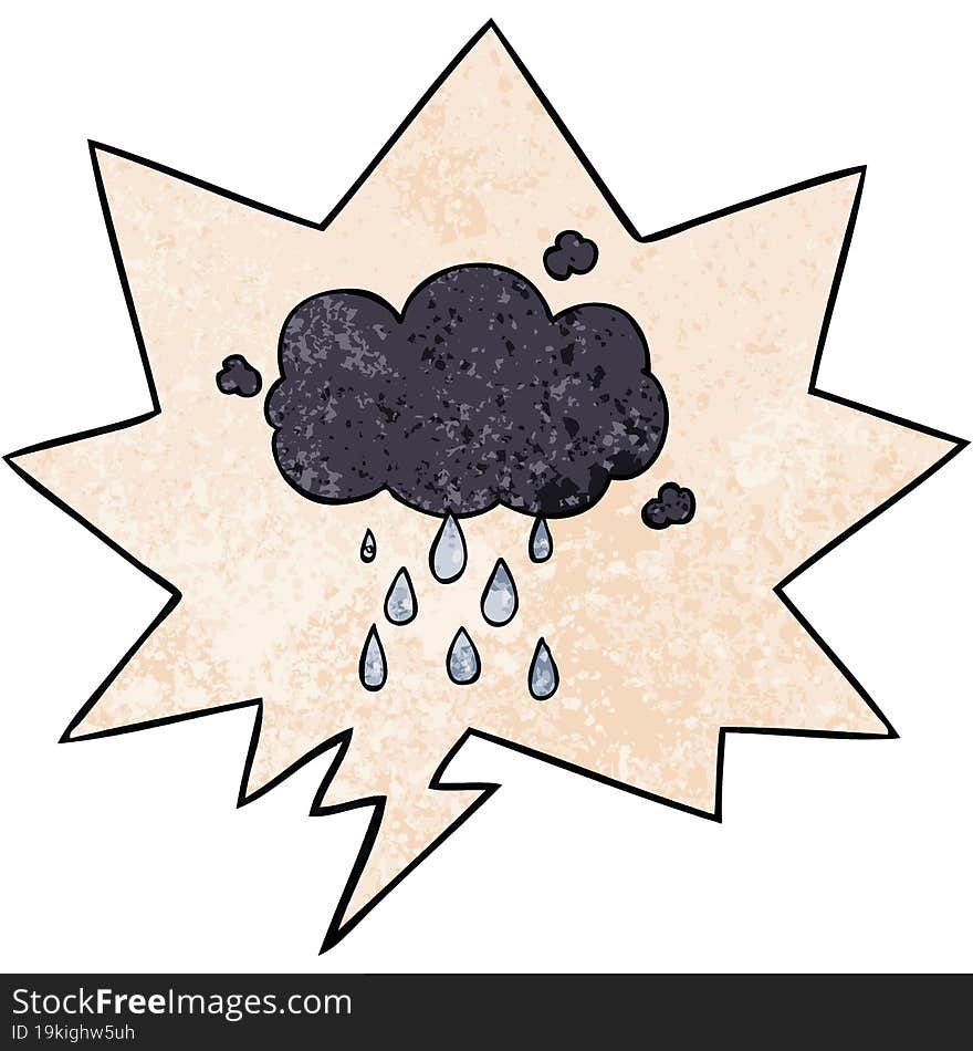 cartoon cloud raining and speech bubble in retro texture style