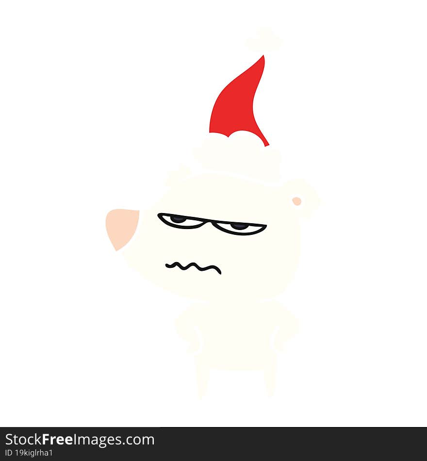 angry bear polar flat color illustration of a wearing santa hat