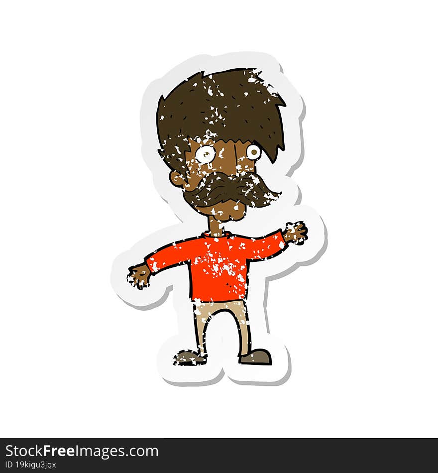 retro distressed sticker of a cartoon man with mustache waving