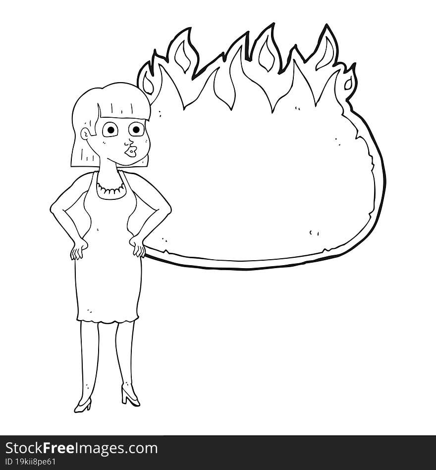 freehand drawn black and white cartoon woman in dress with hands on hips and flame banner