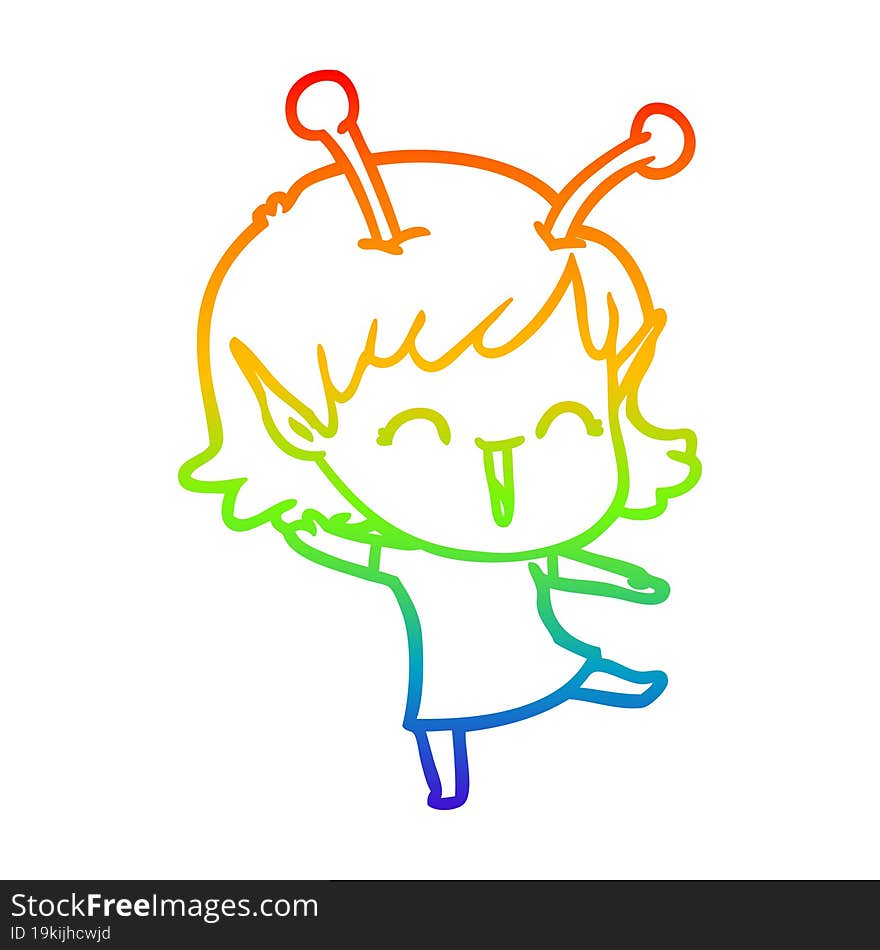 rainbow gradient line drawing of a cartoon alien girl laughing