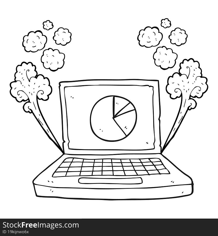 black and white cartoon laptop computer with pie chart