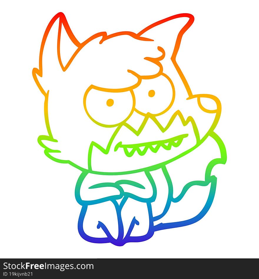 Rainbow Gradient Line Drawing Cartoon Grinning Fox Sitting