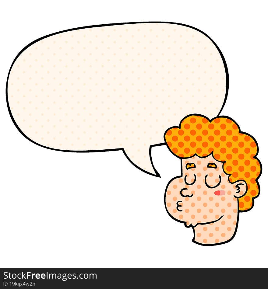 cartoon male face and speech bubble in comic book style