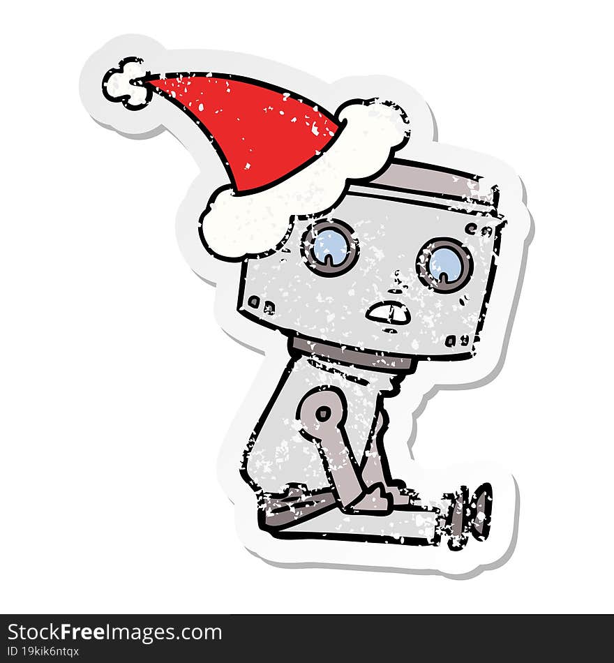 Distressed Sticker Cartoon Of A Robot Wearing Santa Hat