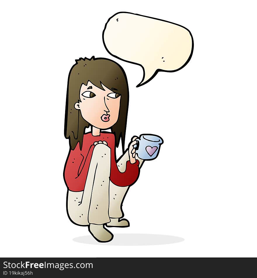 Cartoon Woman Sitting With Cup Of Coffee With Speech Bubble