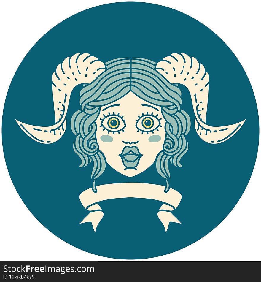 Retro Tattoo Style tiefling character face with scroll banner. Retro Tattoo Style tiefling character face with scroll banner