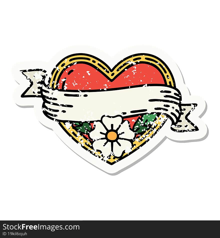 distressed sticker tattoo in traditional style of a heart and banner with flowers. distressed sticker tattoo in traditional style of a heart and banner with flowers