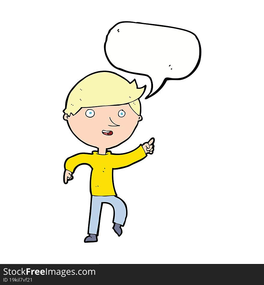 cartoon happy pointing with speech bubble