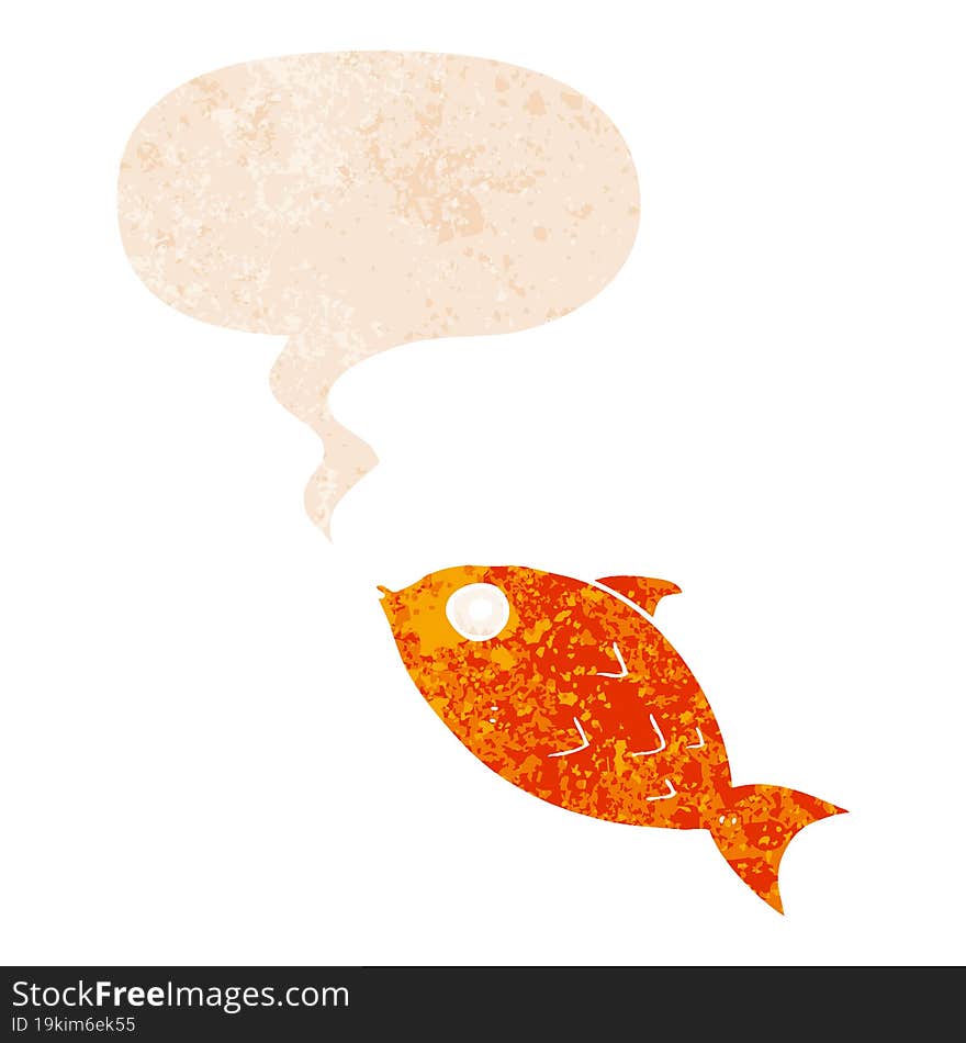 cartoon fish and speech bubble in retro textured style