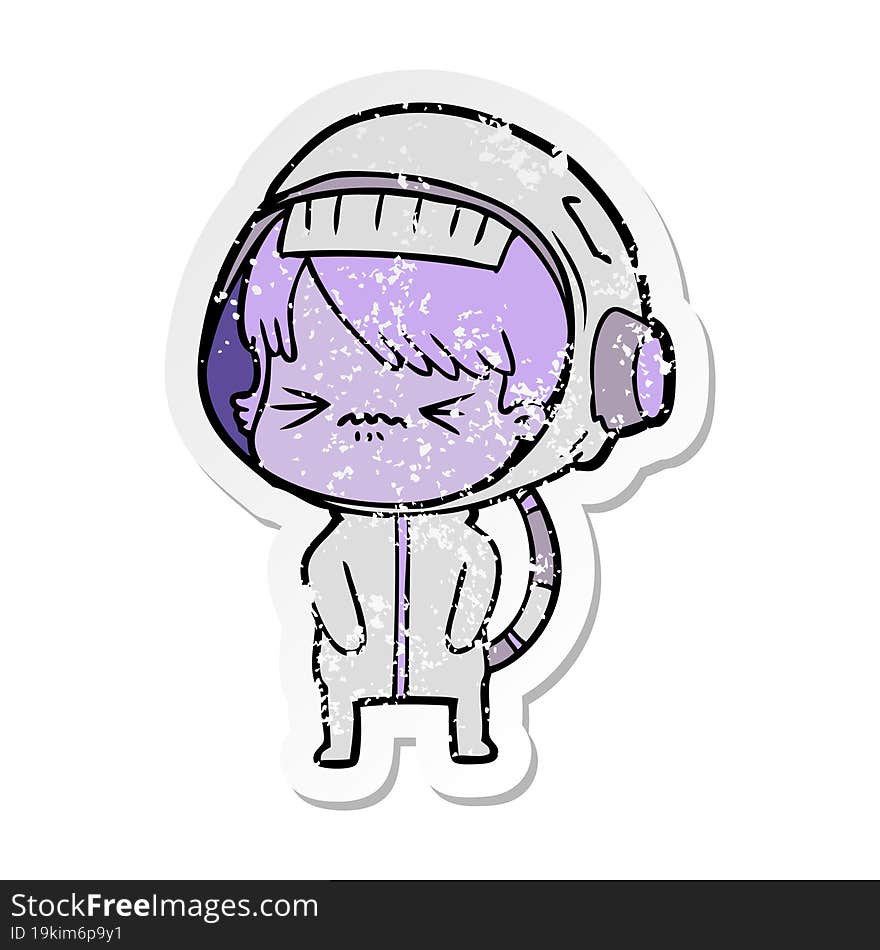 distressed sticker of a angry cartoon space girl