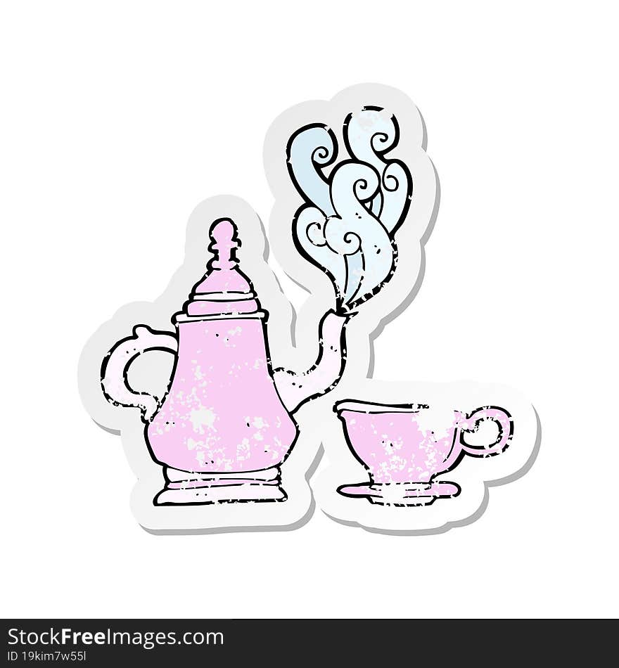 retro distressed sticker of a cartoon coffee pot and cup