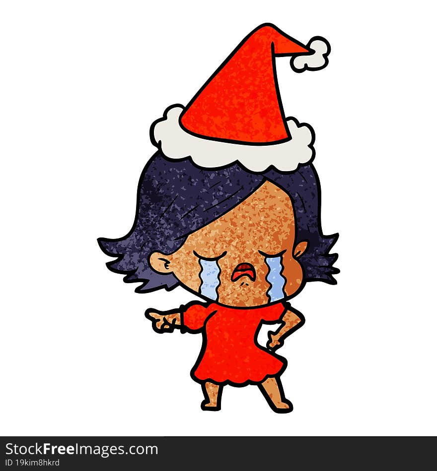 textured cartoon of a girl crying and pointing wearing santa hat