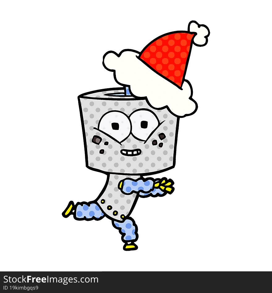 Happy Comic Book Style Illustration Of A Robot Wearing Santa Hat