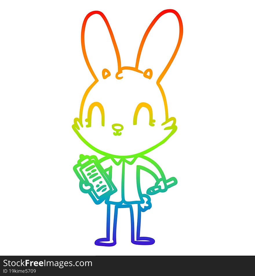 rainbow gradient line drawing of a cute cartoon rabbit with clipboard