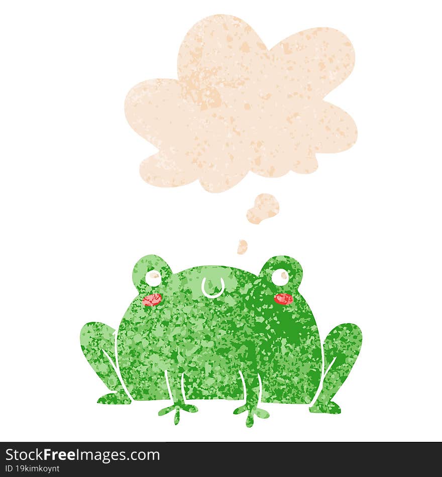 cartoon frog and thought bubble in retro textured style