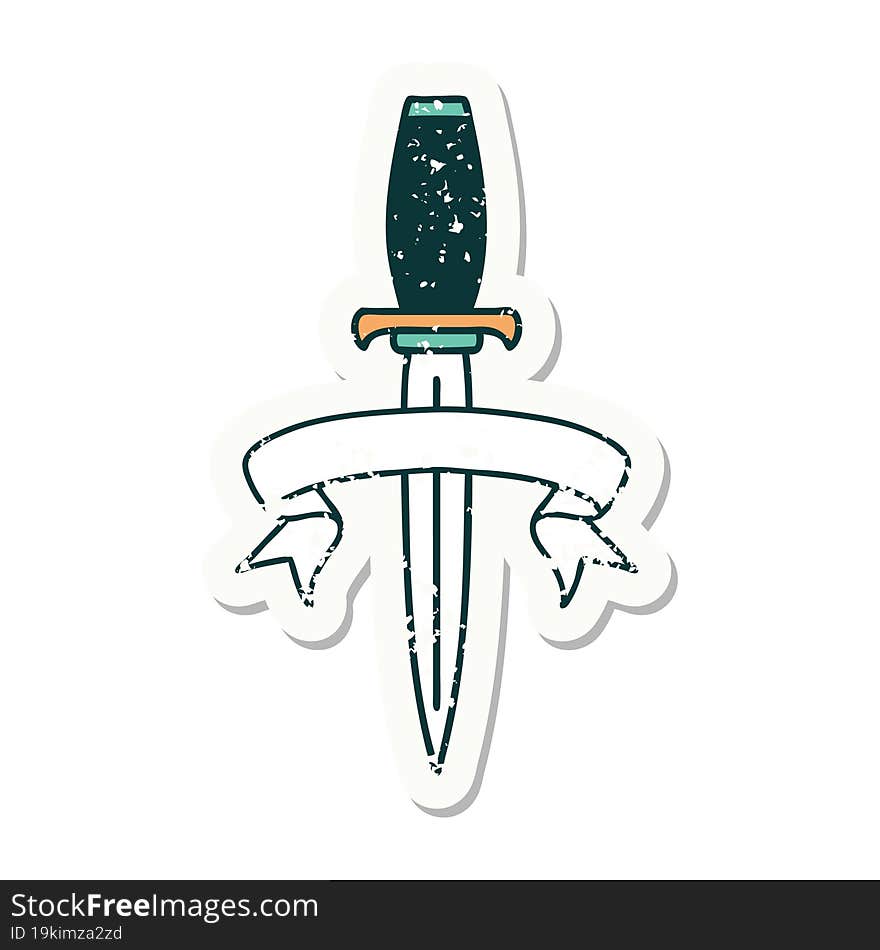 grunge sticker with banner of a dagger