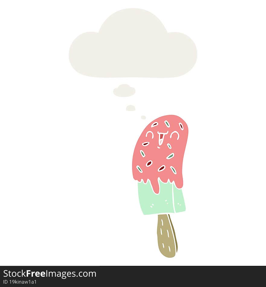 cartoon ice lolly with thought bubble in retro style