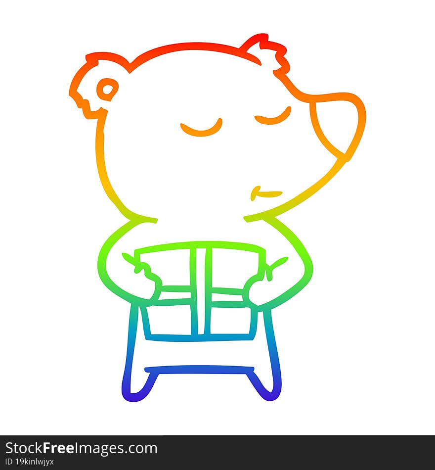 rainbow gradient line drawing happy cartoon polar bear with present