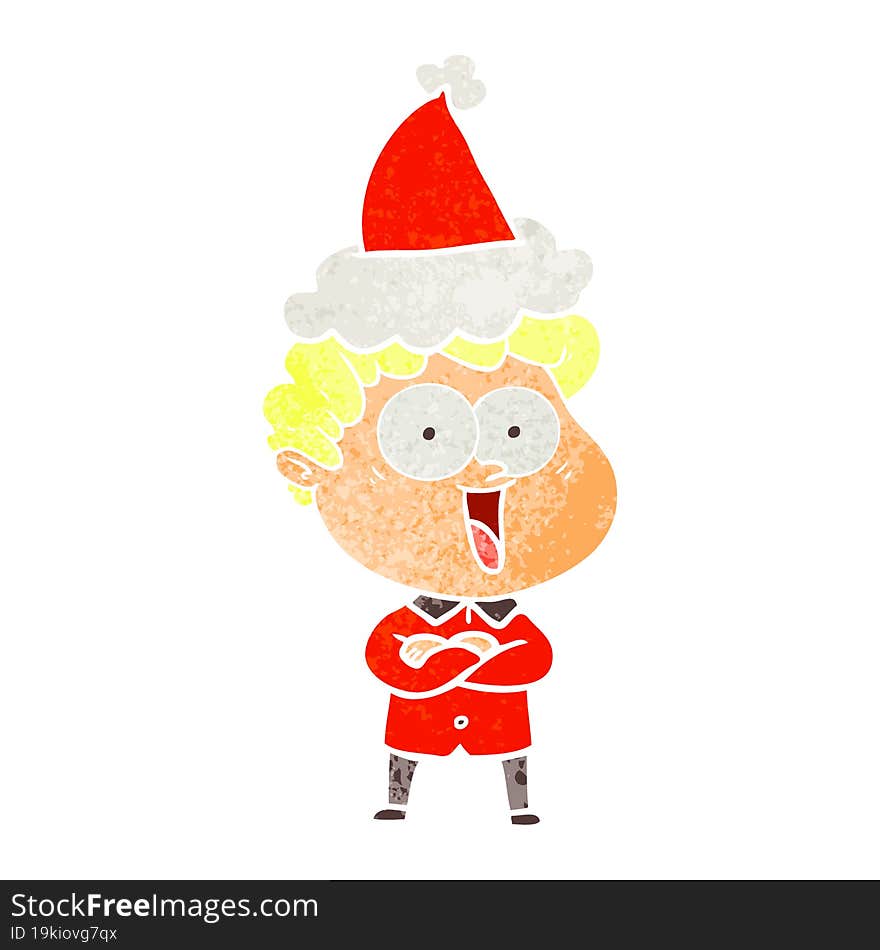 retro cartoon of a happy man wearing santa hat