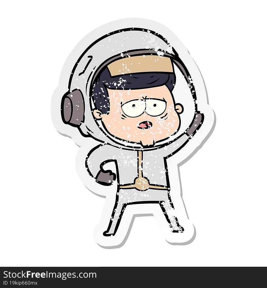 distressed sticker of a cartoon tired astronaut