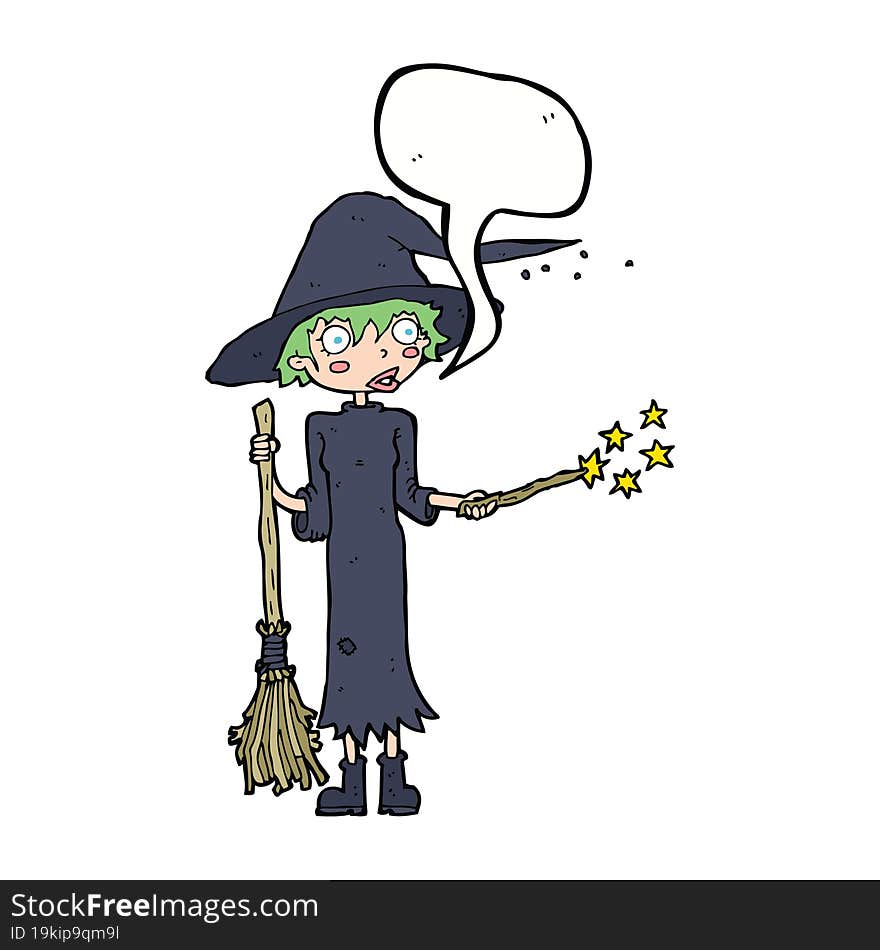 cartoon witch casting spell with speech bubble