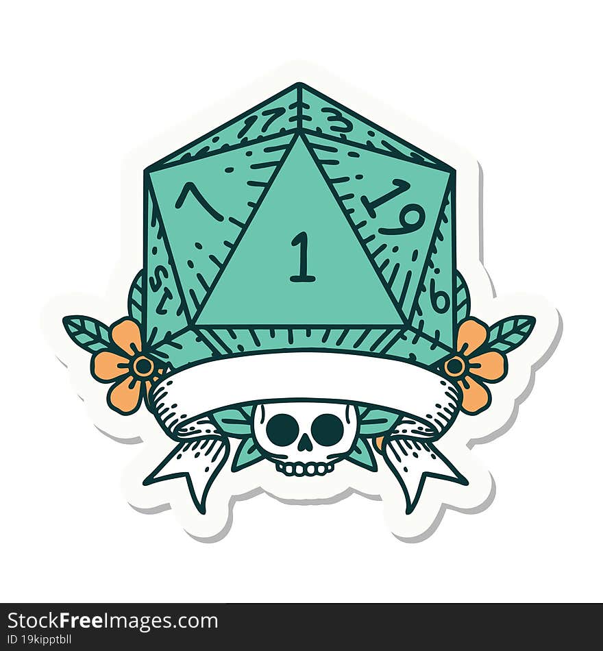 sticker of a natural one d20 dice roll. sticker of a natural one d20 dice roll