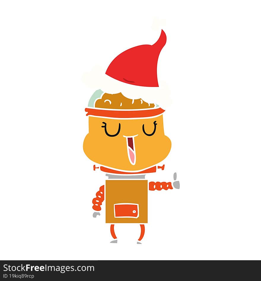 happy hand drawn flat color illustration of a robot wearing santa hat. happy hand drawn flat color illustration of a robot wearing santa hat