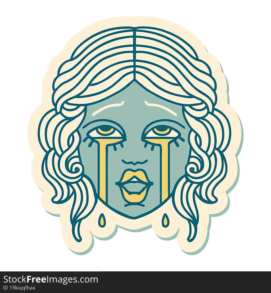 tattoo style sticker of a very happy crying female face