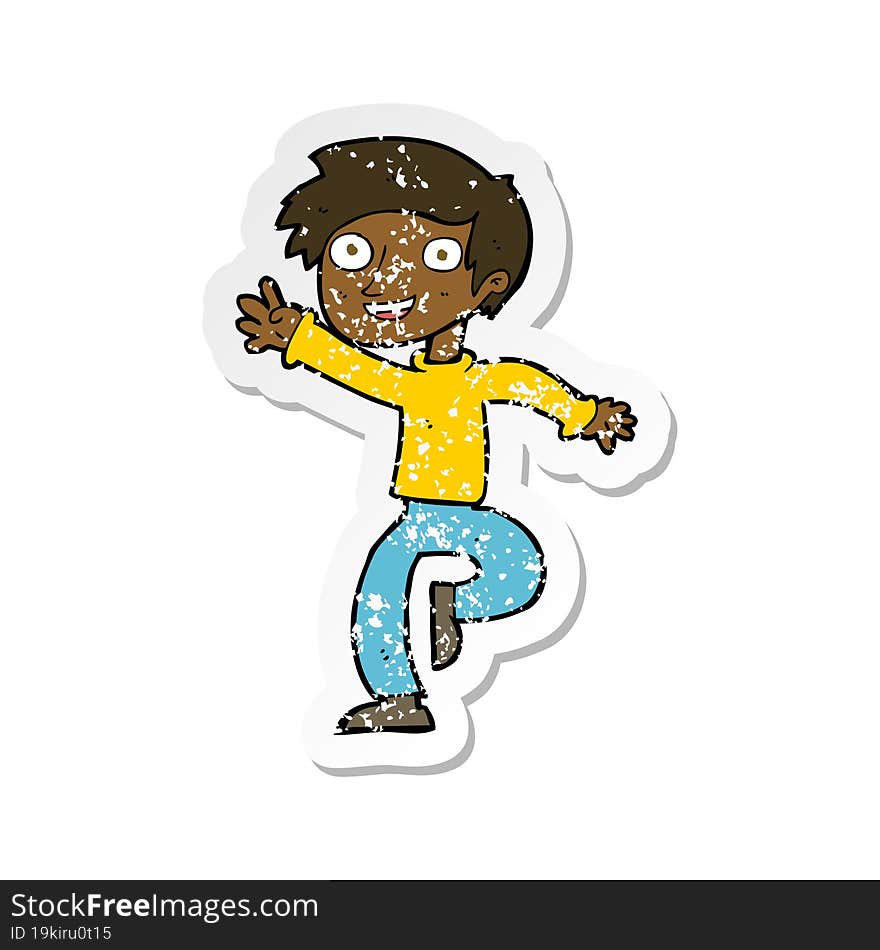 Retro Distressed Sticker Of A Cartoon Excited Boy Dancing