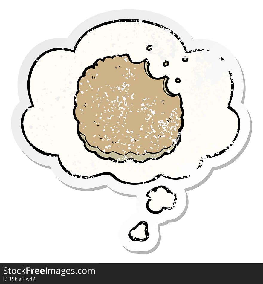 cartoon biscuit and thought bubble as a distressed worn sticker