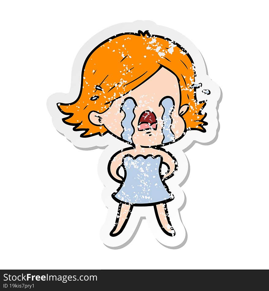 distressed sticker of a cartoon woman crying