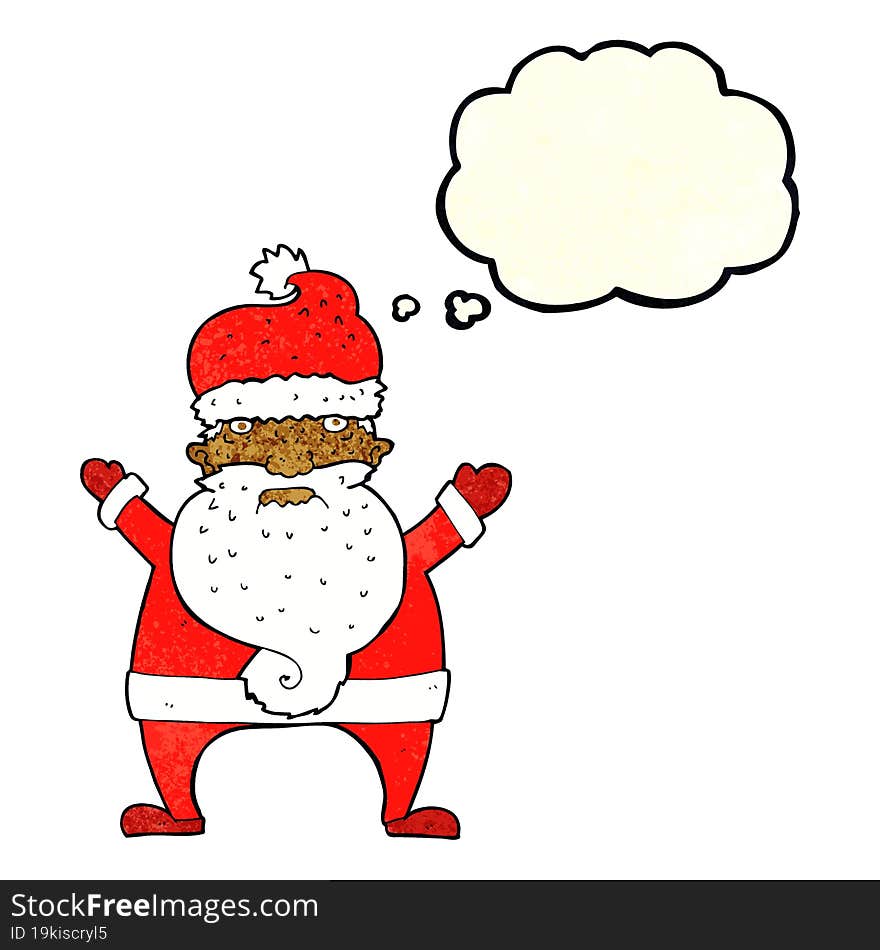 cartoon ugly santa claus with thought bubble