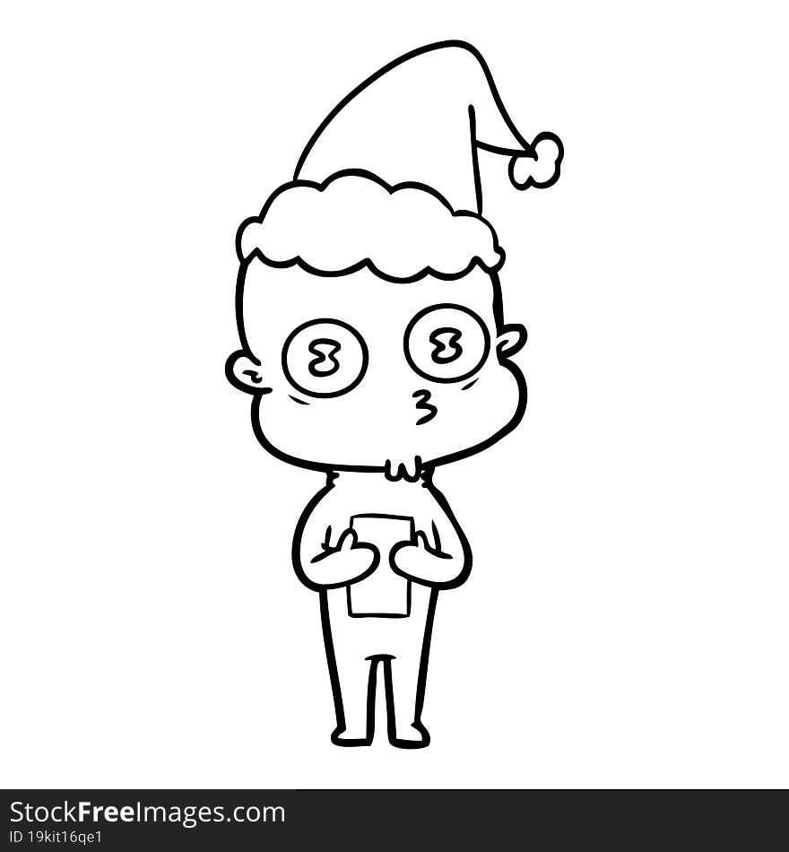 line drawing of a weird bald spaceman wearing santa hat