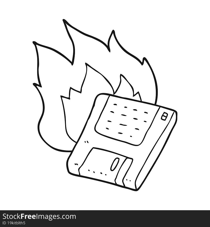 black and white cartoon old computer disk burning