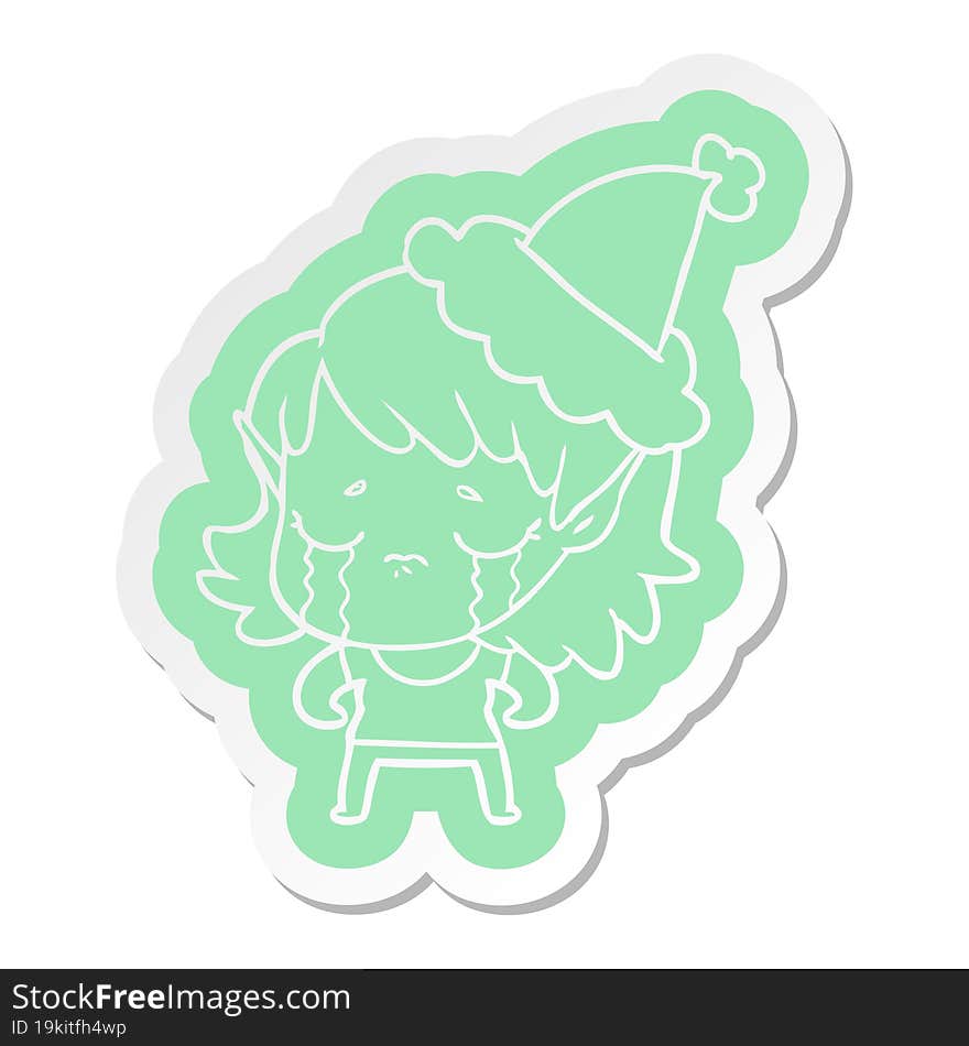 Cartoon  Sticker Of A Crying Elf Girl Wearing Santa Hat