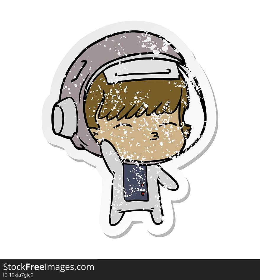 distressed sticker of a cartoon curious astronaut waving