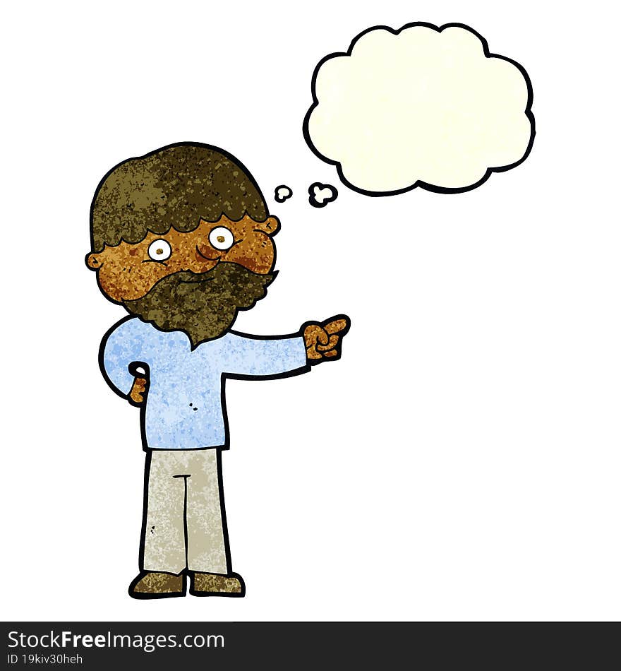 cartoon bearded man pointing with thought bubble