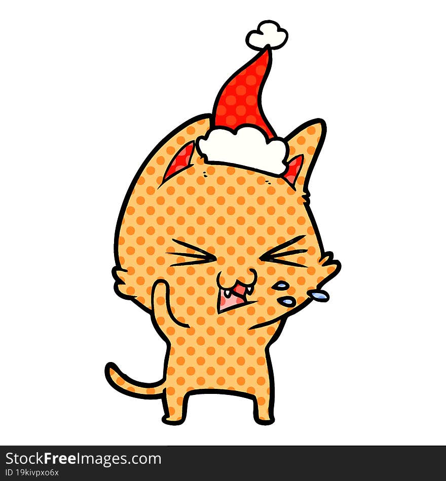 comic book style illustration of a cat hissing wearing santa hat