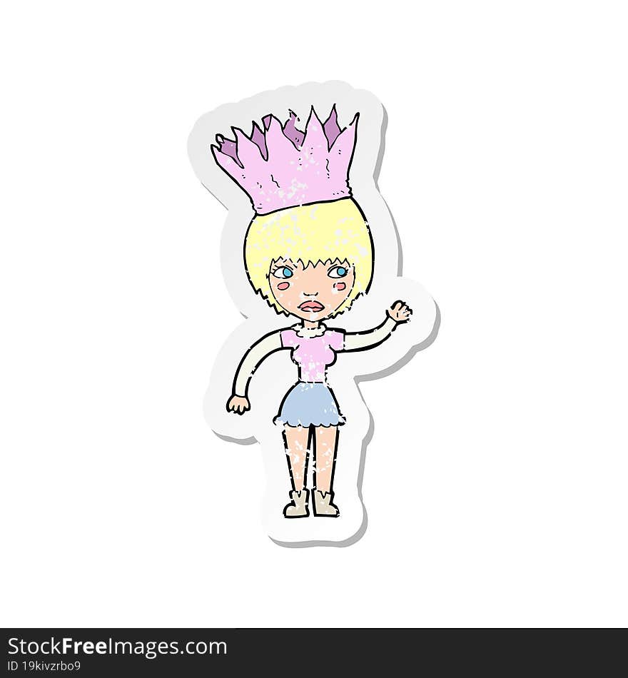 retro distressed sticker of a cartoon woman wearing paper crown