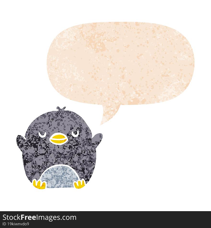 cartoon penguin and speech bubble in retro textured style