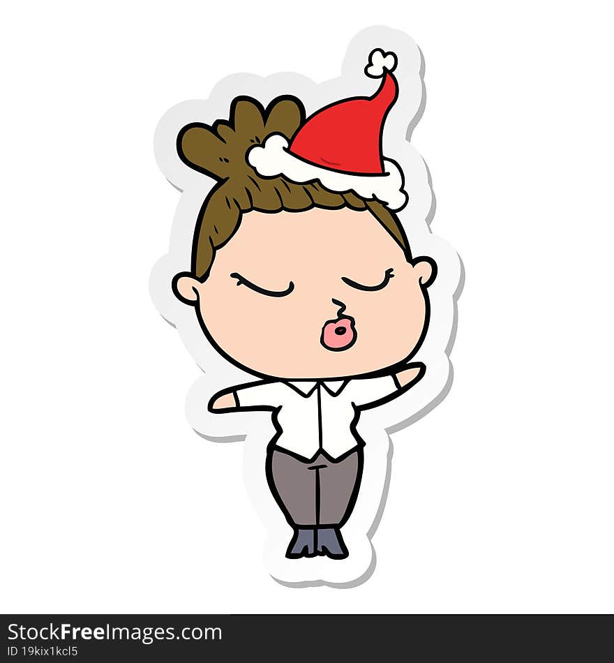 sticker cartoon of a calm woman wearing santa hat